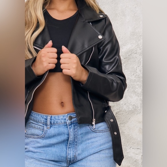 NWT PrettyLittleThing Black Faux Leather Belted Biker Jacket - Picture 5 of 16